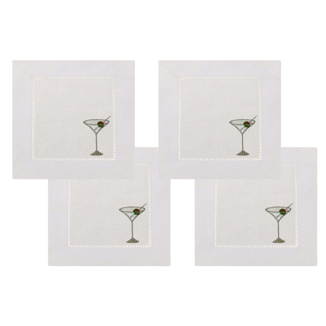 Martini Glasses Embroidered Cocktail Napkins- Set of 4