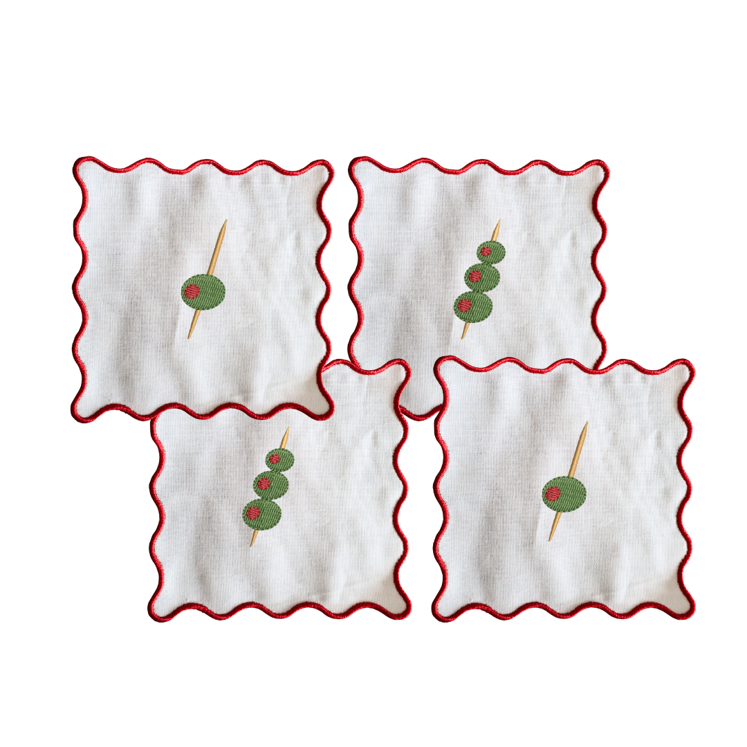Wavy Edge Olives Embroidered Cocktail Napkins- Set of 4