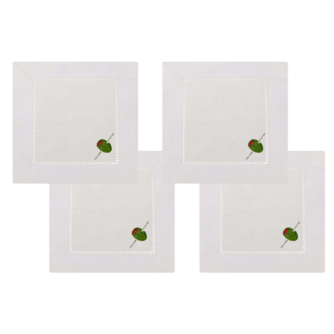 Olive Embroidered Cocktail Napkins- Set of 4