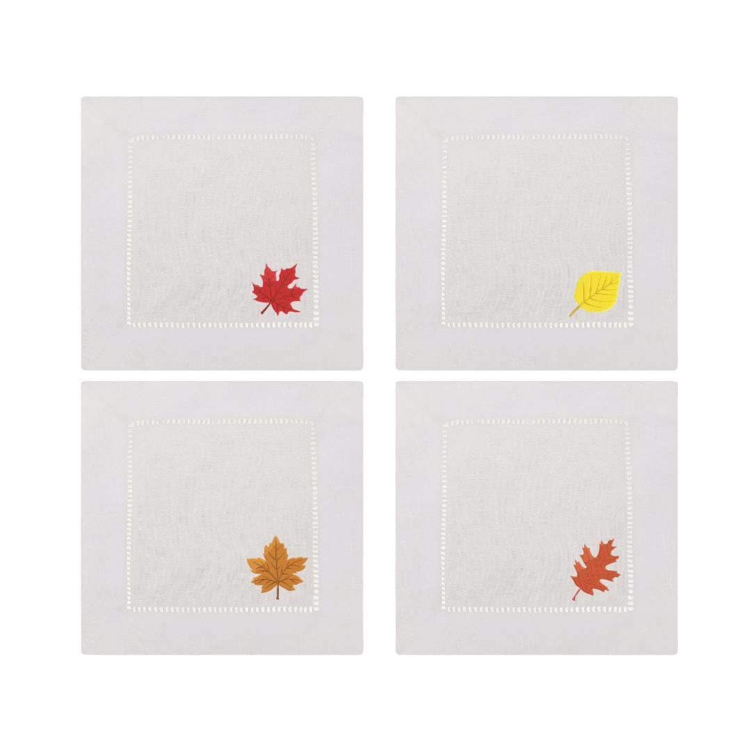 Fall Leaves Embroidered Cocktail Napkins- Set of 4
