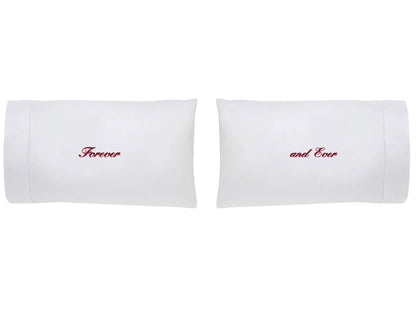 Two white pillowcases with red text 'Forever' and 'and Ever' on a white background
