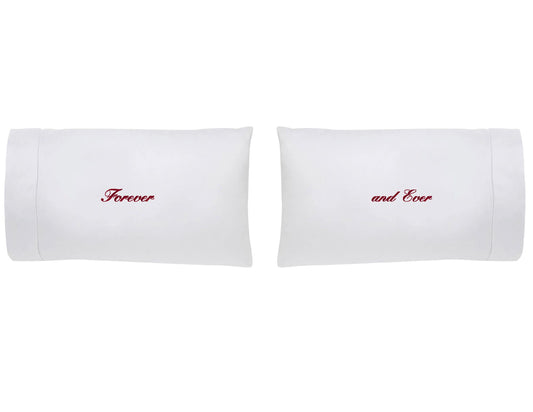 Two white pillowcases with red text 'Forever' and 'and Ever' on a white background