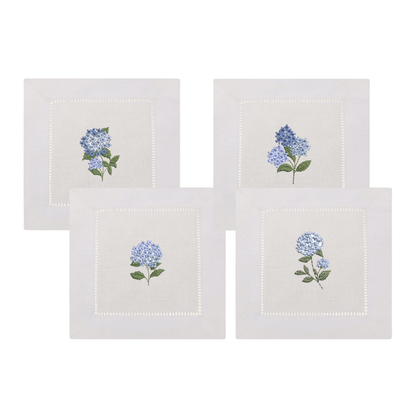 Hydrangea Embroidered Cocktail Napkins- Set of 4