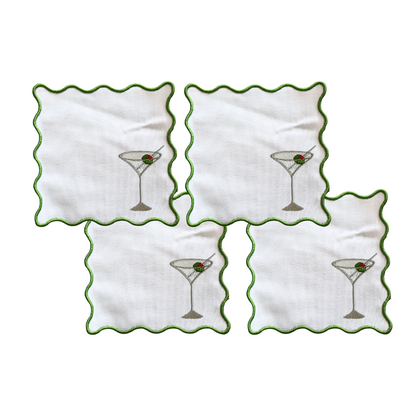 Wavy Edge Martini Embroidered Cocktail Napkins- Set of 4