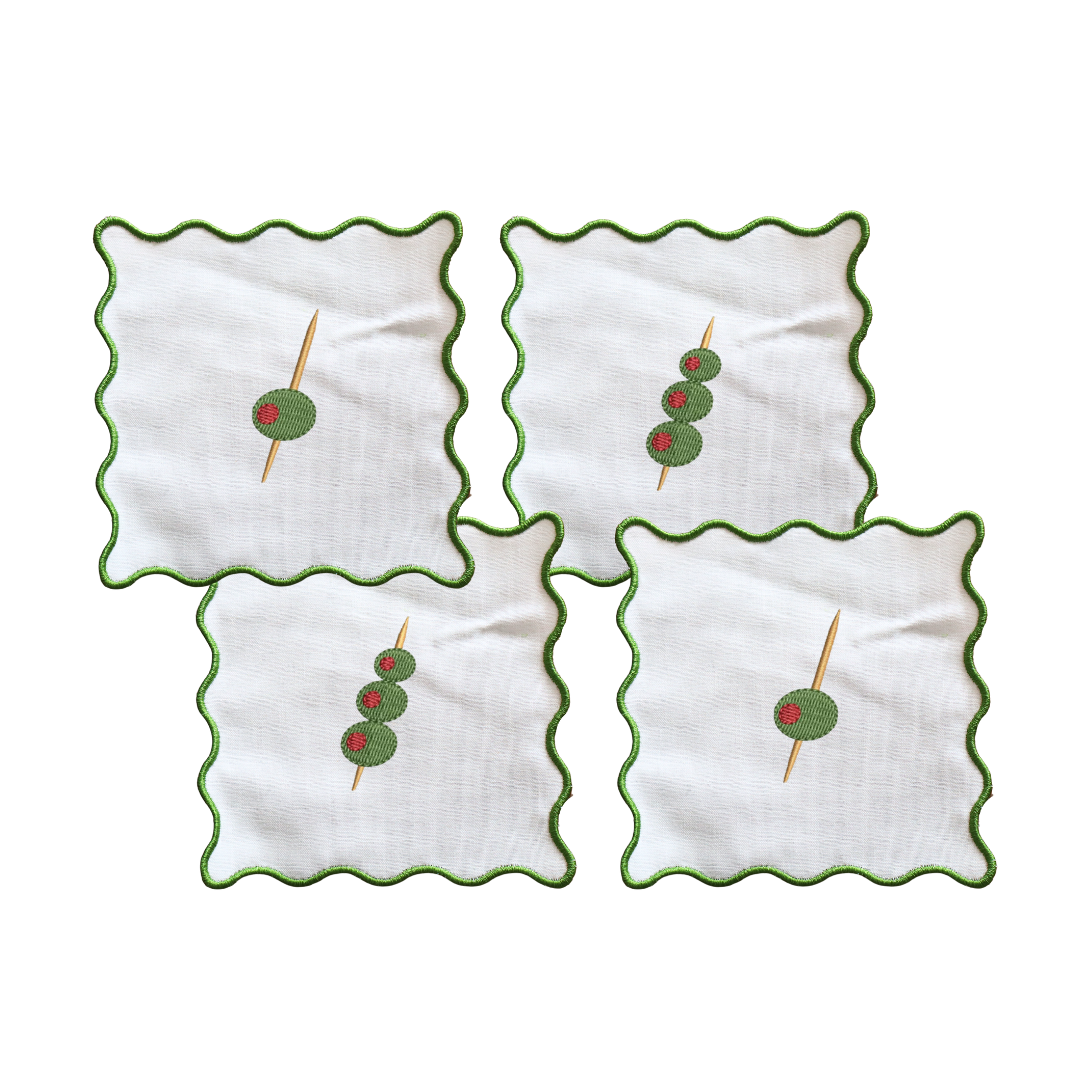 Wavy Edge Olives Embroidered Cocktail Napkins- Set of 4