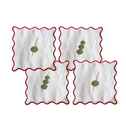 Wavy Edge Olives Embroidered Cocktail Napkins- Set of 4