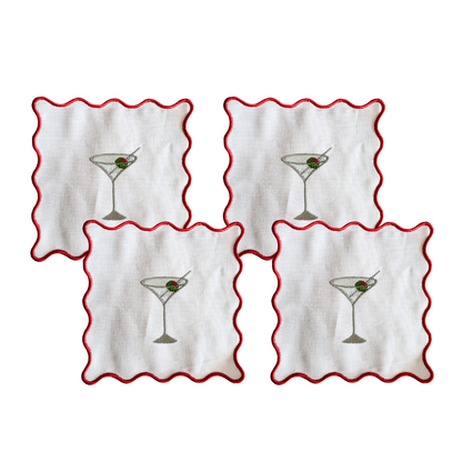 Wavy Edge Martini Embroidered Cocktail Napkins- Set of 4