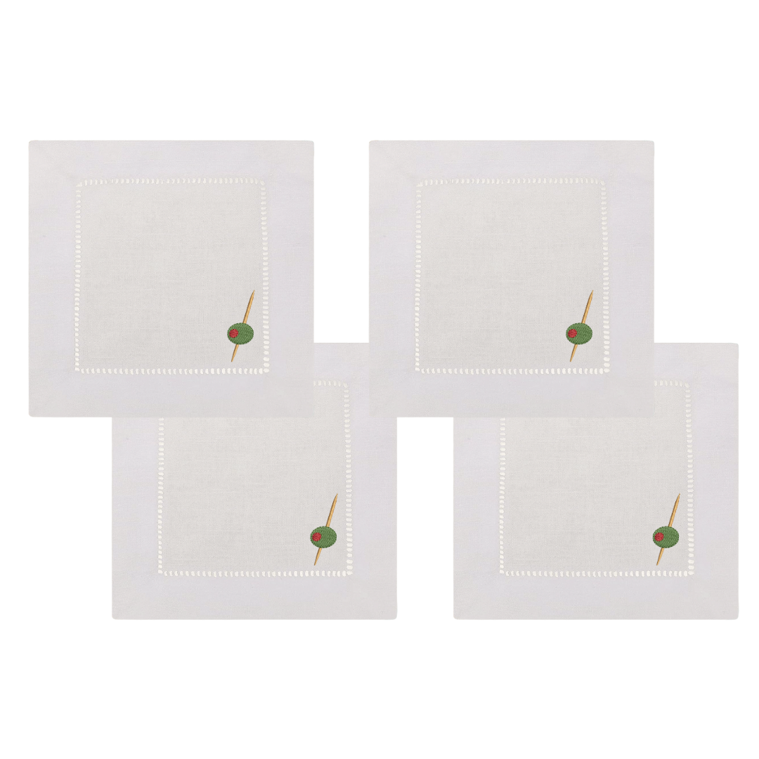 Olive Embroidered Cocktail Napkins- Set of 4