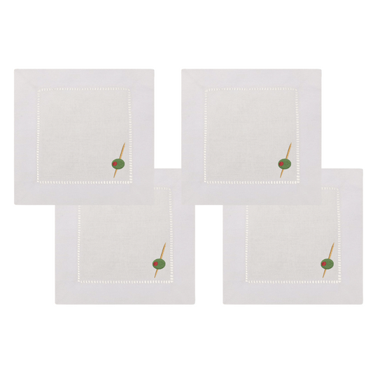 Olive Embroidered Cocktail Napkins- Set of 4