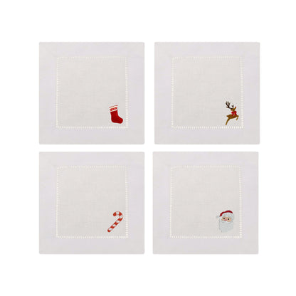 Mini Christmas Icons Embroidered Cocktail Napkins- Set of 4