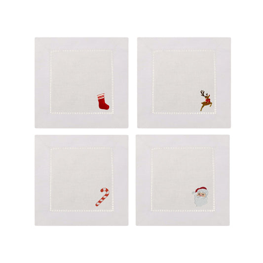 Mini Christmas Icons Embroidered Cocktail Napkins- Set of 4