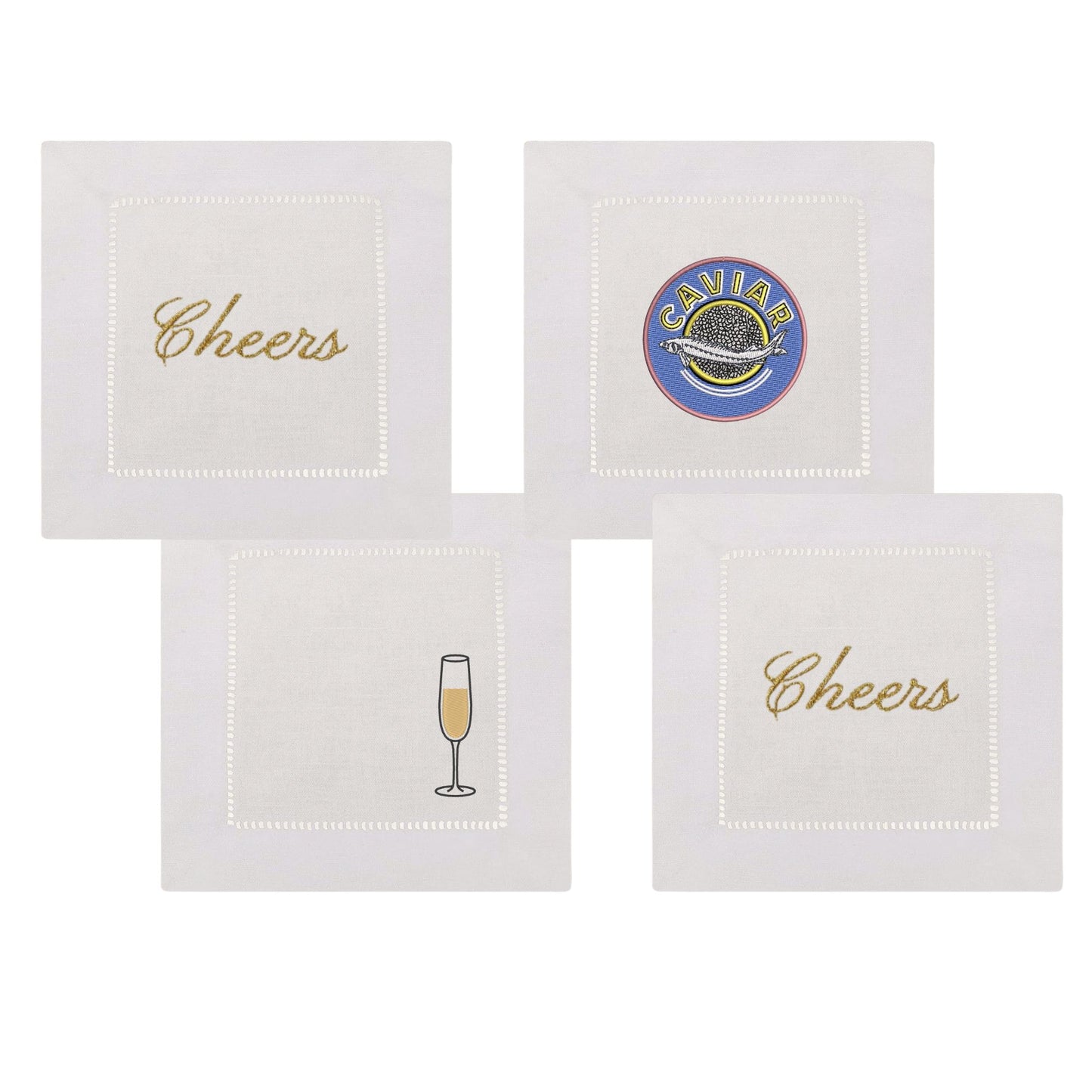 Champagne & Caviar Embroidered Cocktail Napkins- Set of 4