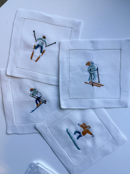 Winter Sports Embroidered Cocktail Napkins- Set of 4