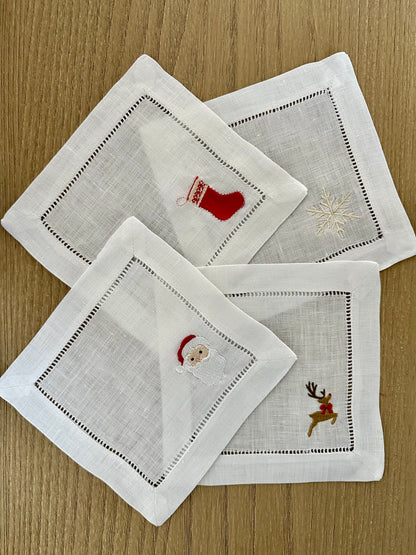 Embroidered Cocktail Napkins- Christmas Set of 4