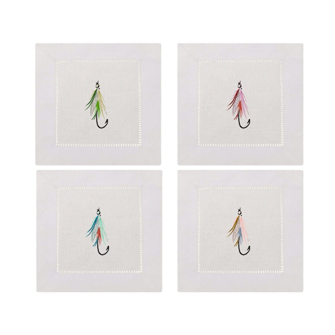 Fishing Flies Embroidered Cocktail Napkins- Set of 4