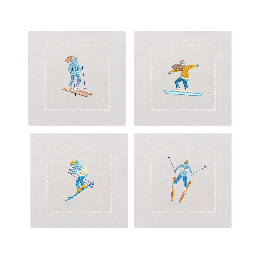 Winter Sports Embroidered Cocktail Napkins- Set of 4